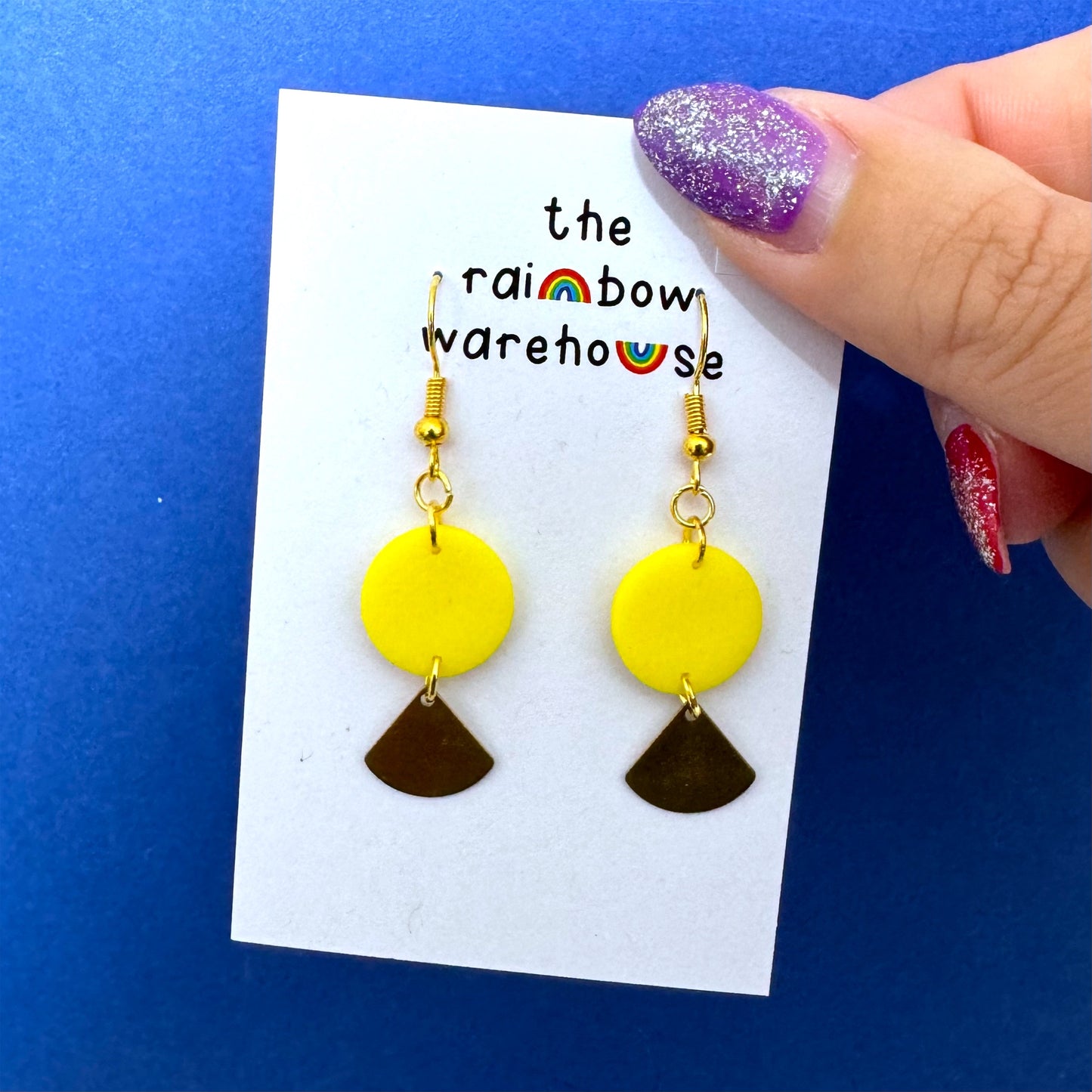 Yellow textured drop earrings with triangles