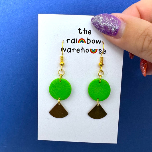 Green textured drop earrings with triangles